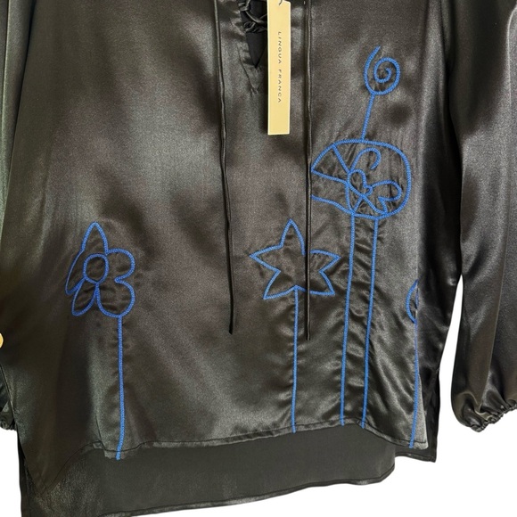 NWT Lingua Franca Embroidered Hudson 100% Silk Long Sleeve Popover Black Size S - Picture 10 of 16